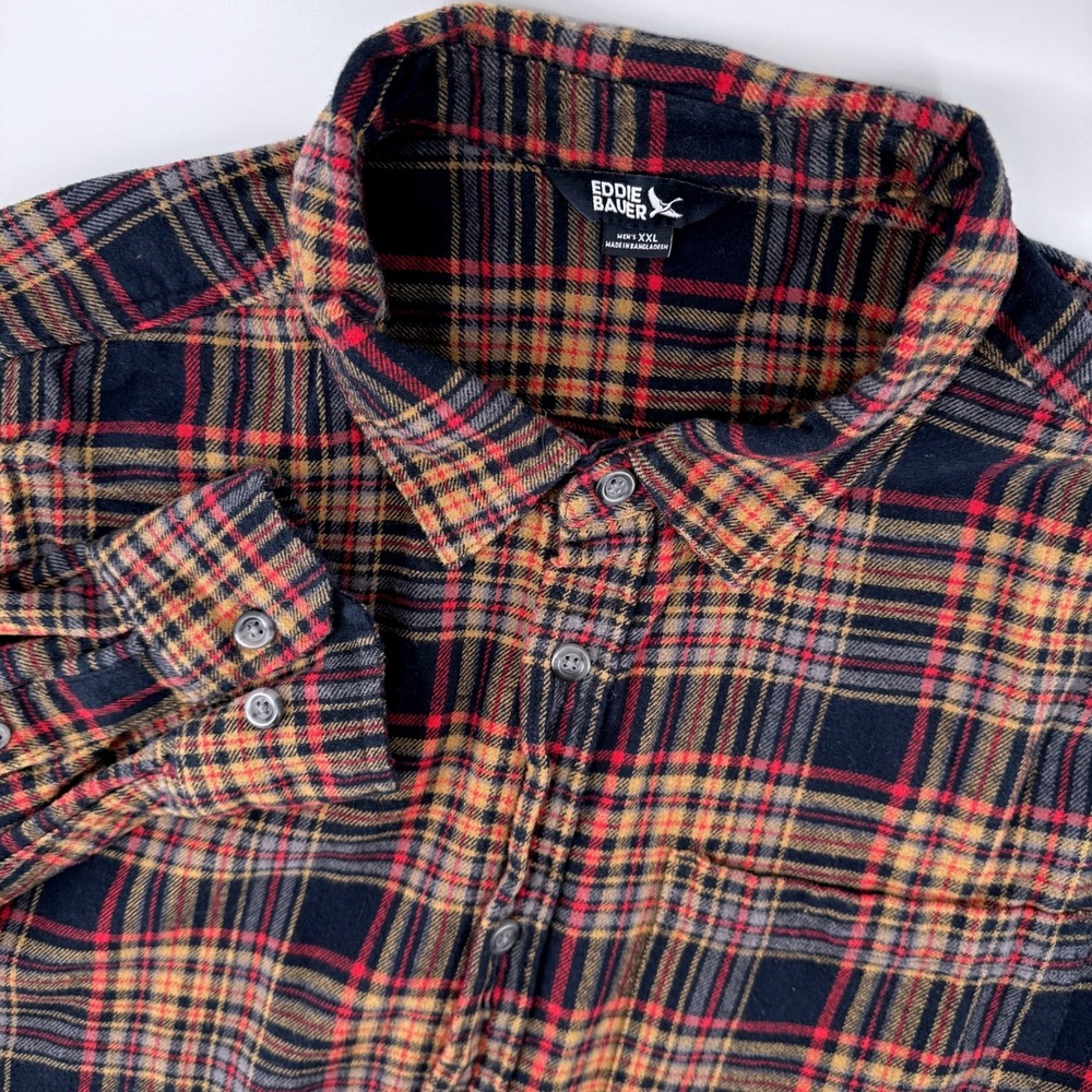 Eddie Bauer Flannel Shirt Mens XXL Navy Red Plaid EB004777 Cotton Button Down
